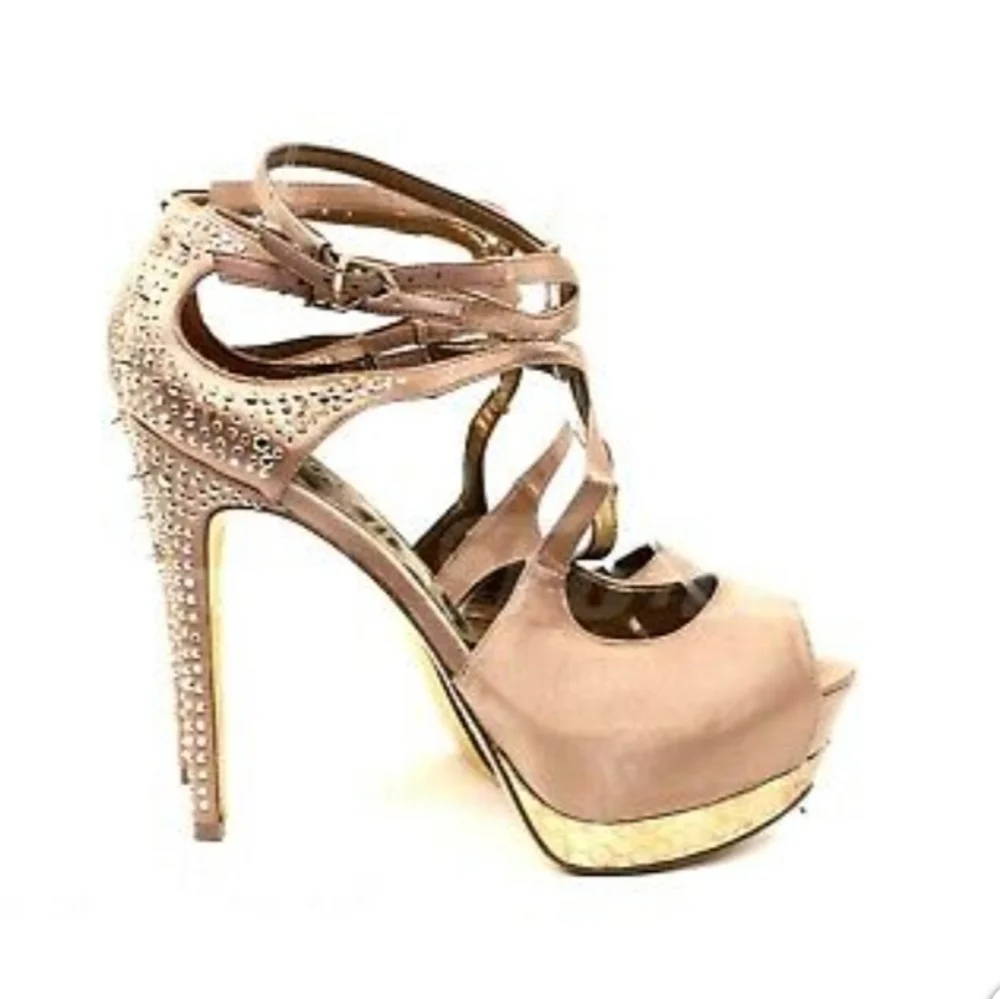 Sam Edelman Gold strappy studded Showgirl satin ankle strap platforms sz 7.5